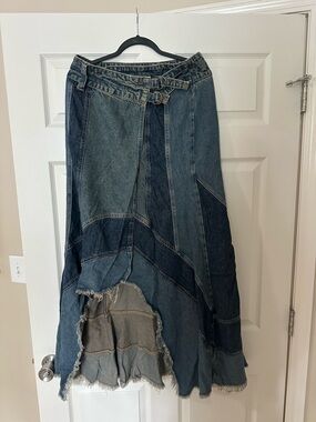 Free People Patchwork Denim High-Low Skirt in Blue